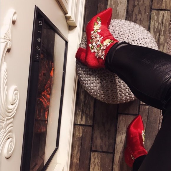 Red Velour Velvety Bootie for Winter, Fall, Parties - Picture 3 of 4